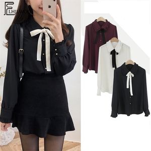 Blouses en mousseline Shirts S Style Preppy Girls Bow Tops Tops mignon Sweet Corée Tempérament Lady Peter Pan Collar 220311