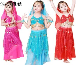 Ropa de traje de danza del vientre para niños, ropa para niños, regalo para niños, danza india, 4 Uds. TopSkirtHeadbandBracelet5 colores 5146335