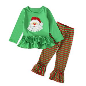 Conjuntos de ropa navideña para niños, Top de manga larga con estampado de Papá Noel y pantalones de encaje acampanados a rayas, 2 unidades/juego, pijamas de Navidad, ropa para niños M655