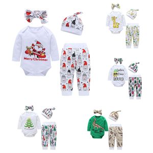 Trajes de Navidad para niños bebé Papá Noel dinosaurio ciervo mameluco + pantalones con diadema y sombrero 4 unids / set Otoño Navidad niños Conjuntos de ropa C5302