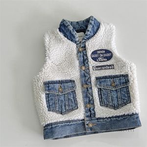 Enfants polaire épissage denim gilet filles lettre broderie simple boutonnage gilet vêtements d'extérieur automne hiver enfants épaissir gilets chauds Z5456