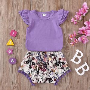 Conjuntos de ropa para niños ummer 0-2T, traje de dos piezas con borlas florales y mangas voladoras pequeñas para niña
