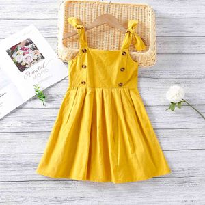 Vêtements pour enfants Summer Pure Color Girls Dress Cute Bow Sling Casual Style 210515