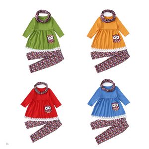 Ensembles de vêtements pour filles pour enfants Casual Spring Loose Cartoon Cute Girl Top à manches longues en dentelle hibou + pantalon à fleurs + écharpe 3pcs / set Outfits M4026