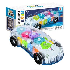 Coche de carreras de engranaje transparente interactivo para niños, luz universal para caminar, música, modelo de coche de juguete eléctrico