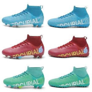 Botas de fútbol Mercurial de gran tamaño para niños, zapatos de fútbol de caña alta para hombres y mujeres, zapatos de entrenamiento profesionales para niños y jóvenes, rojo, azul y verde