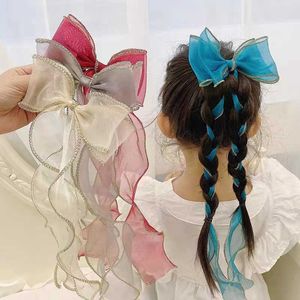 Pinza para el cabello con lazo de cinta larga para niños, gasa de princesa, súper hada, trenza para el cabello de edición coreana linda con pinza para el cabello para sombreros de estilo extranjero