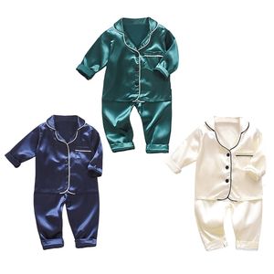 Conjunto de pijamas para niños pequeños, niños y niñas, satén de seda helada, conjunto de pantalones superiores de Color sólido, traje de bebé, ropa para niños, ropa de hogar, pijamas para niños 220627