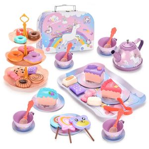 Jeu de simulation pour enfants thé de l'après-midi en plastique tasse de licorne Dessert gâteau ensemble de jouets boîte de rangement exquise cadeau d'anniversaire pour fille XPY 240104