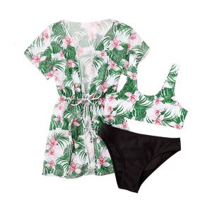 Children's Swimwear sale Leaf Print Girls Kids Swimsuit Bikinis 3 Pieces Free Children Swimwear Cover Smock Set Baby Kids Bathing Suit 230215