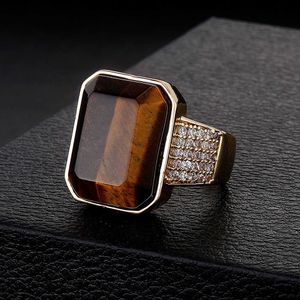 China-Chic Hip Hop Big Natural Tiger Stone Ring Band Mens Shiny Micro Set Cubic Zirconia Cz Stone 14k Gold Plated Solid Copper Open Cuff Finger Rings Bijoux réglables