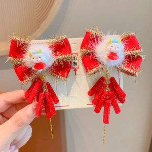 Clip chino para niños estilo antiguo rojo Año nuevo lazo pequeño accesorio para el cabello niña ropa de cabeza de felpa