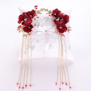 Accesorios de joyería de boda para novia clásicos chinos, alfileres de borlas de flores de rosa roja, horquillas de cristal para novia, tocado BH