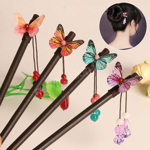 Bâtons de cheveux en bois ethnique chinois pour femmes, Vintage Hanfu Step Shake, épingle à cheveux colorée, fleur papillon, pompon perlé, accessoires pour cheveux