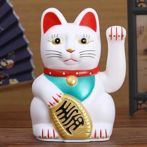 Chinese Feng Shui Beckoning Cat Wealth White Waving Fortune/ Lucky 6"H Gold Silver Gift for Good Luck Kitty Decor 210804