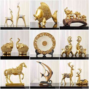 Chino Feng Shui Golden Horse Elefante Estatua Decoración Éxito Artesanías para el hogar Lucky Wealth Figurita Escritorio de oficina Adornos Regalo 210924