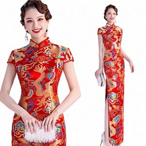 Nouvel An chinois Vêtements pour femmes LG DR Chegsams rouges Qipao Mariage Dr Pluss Taille Femme Soirée Soie Satin Drag Phoenix C8mM #