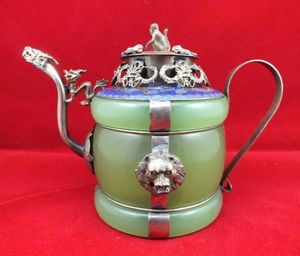 Chino antiguo tibetano plata dragón León verde jade Cloisonne tetera mono tapa