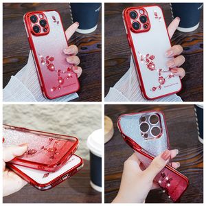 Étuis en TPU souple de fleur de placage rouge chinois pour iPhone 15 Pro Max 14 Plus 13 12 11 8 7 6 X XR XS Chromé Métallique Diamant Bling Glitter Dégradé Luxe Téléphone Couverture Arrière Peau