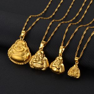 Joyería religiosa china Guanyin Maitreya Buda 14k oro amarillo colgante collar amuleto bendiga la paz, buena suerte crecimiento saludable