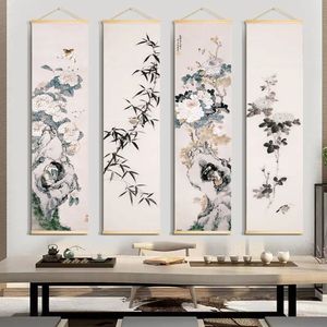 Pintura de pared de desplazamiento de bambú de estilo chino Sala de estar Vintage Decorative Decorative Office Dires Art Image Tapestry 240325