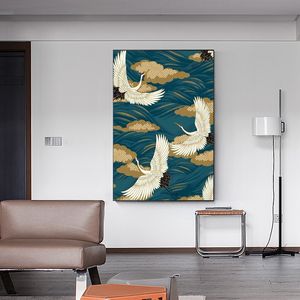 Style chinois grue et nuages Art toile peinture abstraite oiseau affiches et impressions mur Art photo pour salon décoration