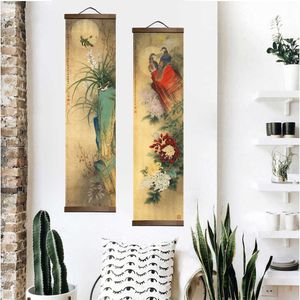 Estilo chino Flor Plantas verdes Lienzo Pintura decorativa Tienda Dormitorio Sala de estar Arte de la pared Pinturas de desplazamiento de madera maciza 210705