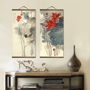 Paysage de style chinois Plantes vertes Toile Peinture décorative Magasin Chambre Salon Mur Art Peintures de défilement en bois massif 210310