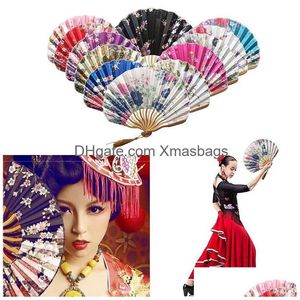 Produits de style chinois Éventail pliable à la main Vintage en bois de bambou Fleur de soie japonaise artificielle rose mariage fille homme danse décorer la maison D Dhhjv