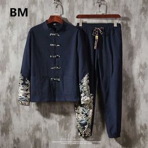Chinese Style Retro Tang Suit Cotton Linen Patchwork Plus Size Printed Hanfu Men Clothing Print Clothes 5XL Male 211220