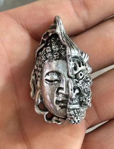Estatua de la suerte tallada a mano de plata tibetana china - estatua del diablo y Buda