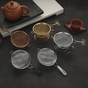 Vintage chino Gongfu Infusor de té Colador de especias Reutilizable Acero inoxidable Doble malla fina Tetera Filtro de hoja de té suelto Mango de cerámica Accesorios de cocina JY0811