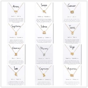 Signos del zodiaco chino Collares pendientes con tarjeta de regalo Hombres Mujeres Doce constelaciones Cadena de plata y oro Collar de joyería Accesorios Precio a granel