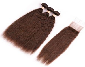 Cheveux humains crépus raides brun chocolat 3 paquets avec fermeture 4 tissages de cheveux brésiliens yaki grossiers brun moyen avec fermeture en dentelle1223406