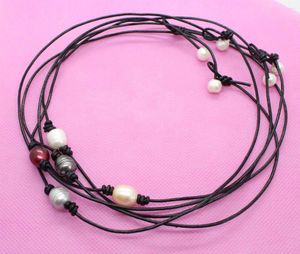 Tour de cou 5 brins cuir noir mélange couleur larme anneaux de croissance perle collier de perles simples 17 pouces