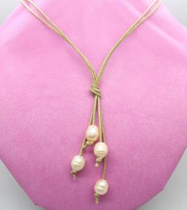 Choker Beauty Pink Growth Drop Pearl 10mmx12mm 4beads Necklace 20inches Brown Corde Pendentif