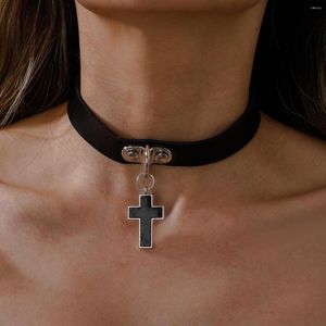 Gargantilla Collar de Cruz Negra para mujer, collares de cuero gótico de PU, cadena de Collar, regalo de joyería Punk de Hip Hop