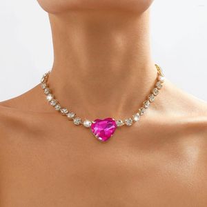 Choker Luxury Fuchsia Big Heart Crystal Necklace For Women Tennis Chain Jewelry