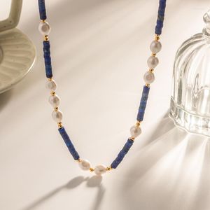 Collier tour de cou Minar INS bleu marine pierre naturelle Lapis colliers de perles en acier inoxydable plaqué or 18 carats collier de perles de verre femmes