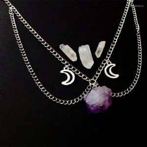 Tour de cou violet cristal brut lune chaîne sorcière collier Punk gothique pendentif Grunge bijoux Wiccan femmes cadeau mode déclaration Goth