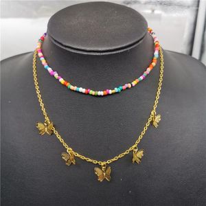 Ras du cou printemps Double couche or argent couleur papillon clavicule Chian bohème coloré perle collier pour femmes 2022 bijoux