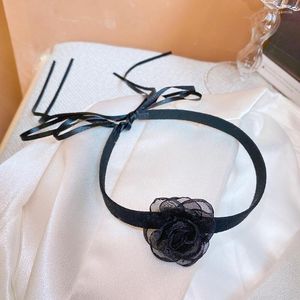 Ras du cou Super fée noir Organza camélia fleur Ultra Long ruban collier pour femmes cou sangle clavicule chaîne fête bijoux
