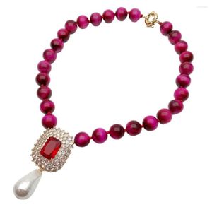 Gargantilla Y.YING collar de ojo de tigre fucsia Zirconia cúbica pavé colgante de perla de concha blanca para joyería de mujer