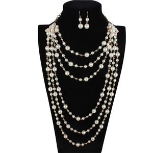 Boucles de collier de perle multicouches chaîne de boucles d'oreilles pour femmes sets de bijoux sur le cou cadeau de tour de cou à sa petite amie en gros