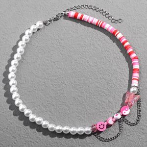 Sautoirs rose papillon Yin Yang asymétrie perle collier de perles pour les femmes à la main argile perle tour de cou couches Harajuku bijoux