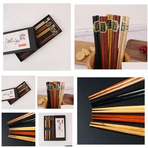 Baguettes 50set 5 paire/ensemble vaisselle en bois chinois anti-dérapant ensemble de ménage support couverts boîte-cadeau Sn1942 livraison directe maison jardin DH12V