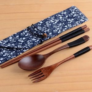 Baguettes japonaises en bois, ensemble de couverts en bois naturel environnemental, fourchette cuillère baguettes couteau Portable cuillères voyage SN6253