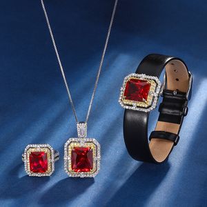 Choucong Marque Ensembles de Bijoux de Mariage Étincelant Or Blanc 18 Carats Remplissage Grand Rubis Pavé Zircon Cubique Femmes Anneau Ouvert Ceinture Bracelet Clavicule Pendentif Collier Cadeau