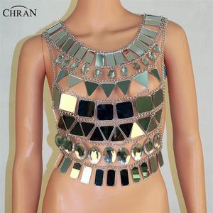 Chran Mirror Perspex Crop Top Chain Mail Bra Halter Collar Body Lencería Metálico Bikini Joyería Burning Man EDM Accesorios Cha220w