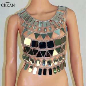 Chran Mirror Perspex Crop Top Chain Mail Bra Halter Collar Body Lencería Metálico Bikini Joyería Burning Man EDM Accesorios Cha221S